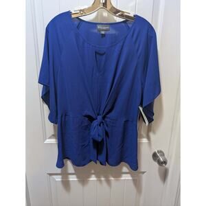 NEW! Bold Elements Blue Blouse Twist Tie Keys Hole Top Short Sleeve Size L